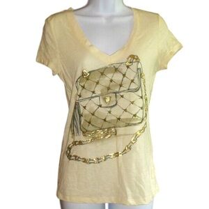 Old Navy V-Neck T-Shirt Top, Lightweight, Gold Embellished Purse Design, XS